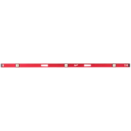 The Milwaukee 78" Magnetic I-Beam Level is a red, elongated tool featuring three bubble vials for horizontal and vertical leveling. It has magnetic strips for hands-free use on metal surfaces, and hand grips for easy handling. The Milwaukee logo is displayed near the center.