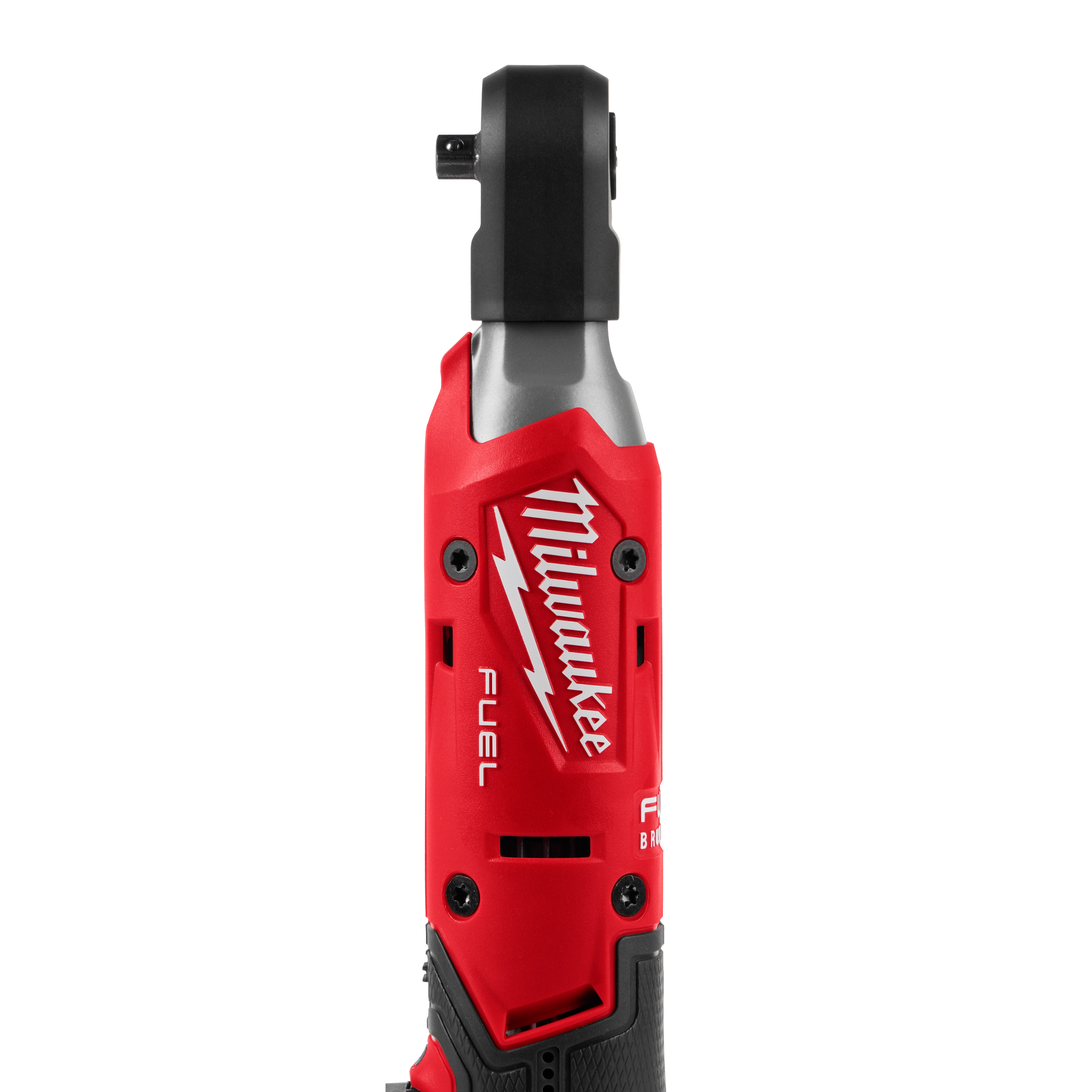 The M12 FUEL™ ¼” Ratchet Protective Boot is displayed in red with the brand’s logo and name written vertically. The tool features durable casing and a compact design for accessibility in tight spaces.