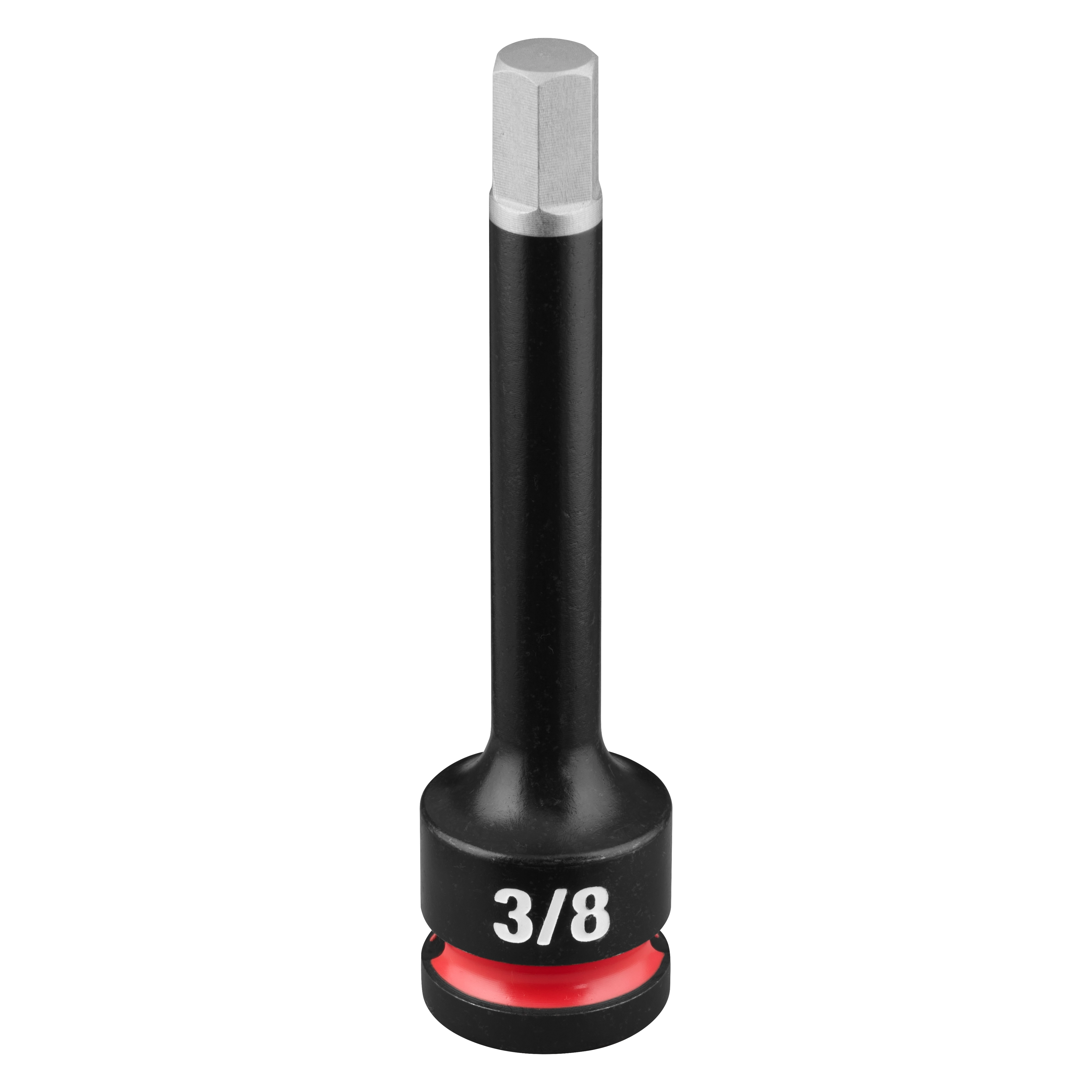 SHOCKWAVE Impact Duty 1/2" Drive 4" Hex 3/8" Bit Socket standing upright with 3/8 marking and red ring.