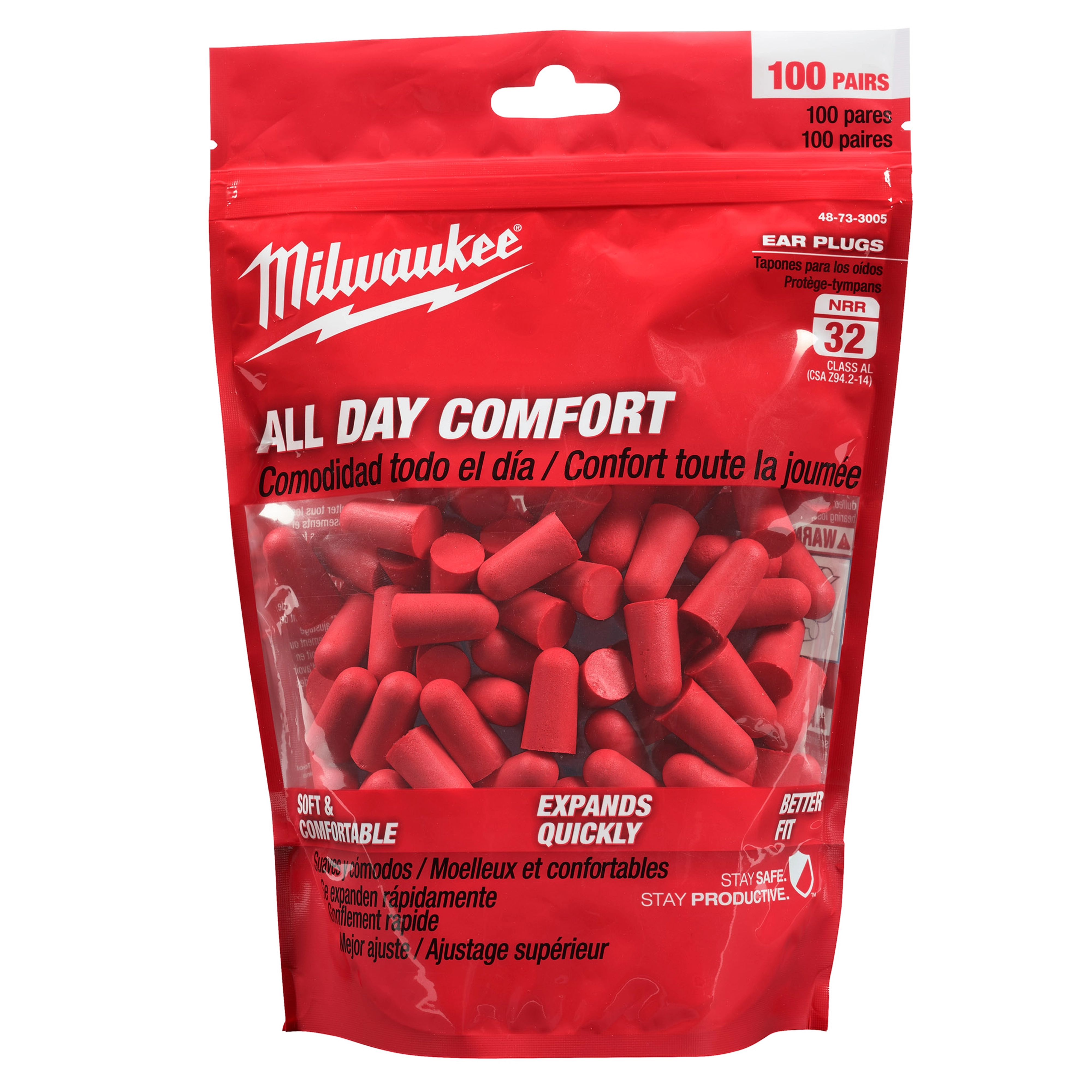 Red packaging of Ear Plugs, 100 pack, with "All Day Comfort" messaging, contains red foam earplugs. The NRR is 32.