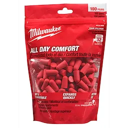 Red packaging of Ear Plugs, 100 pack, with "All Day Comfort" messaging, contains red foam earplugs. The NRR is 32.
