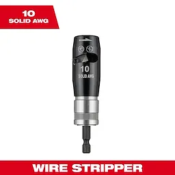 The 10 AWG Solid Wire Stripper is a black and silver wire stripping tool designed for 10-gauge solid wires. The tool features precise markings and a rotating mechanism, making it ideal for electrical work. Text reading "10 SOLID AWG" is visible on its front along with directional icons.