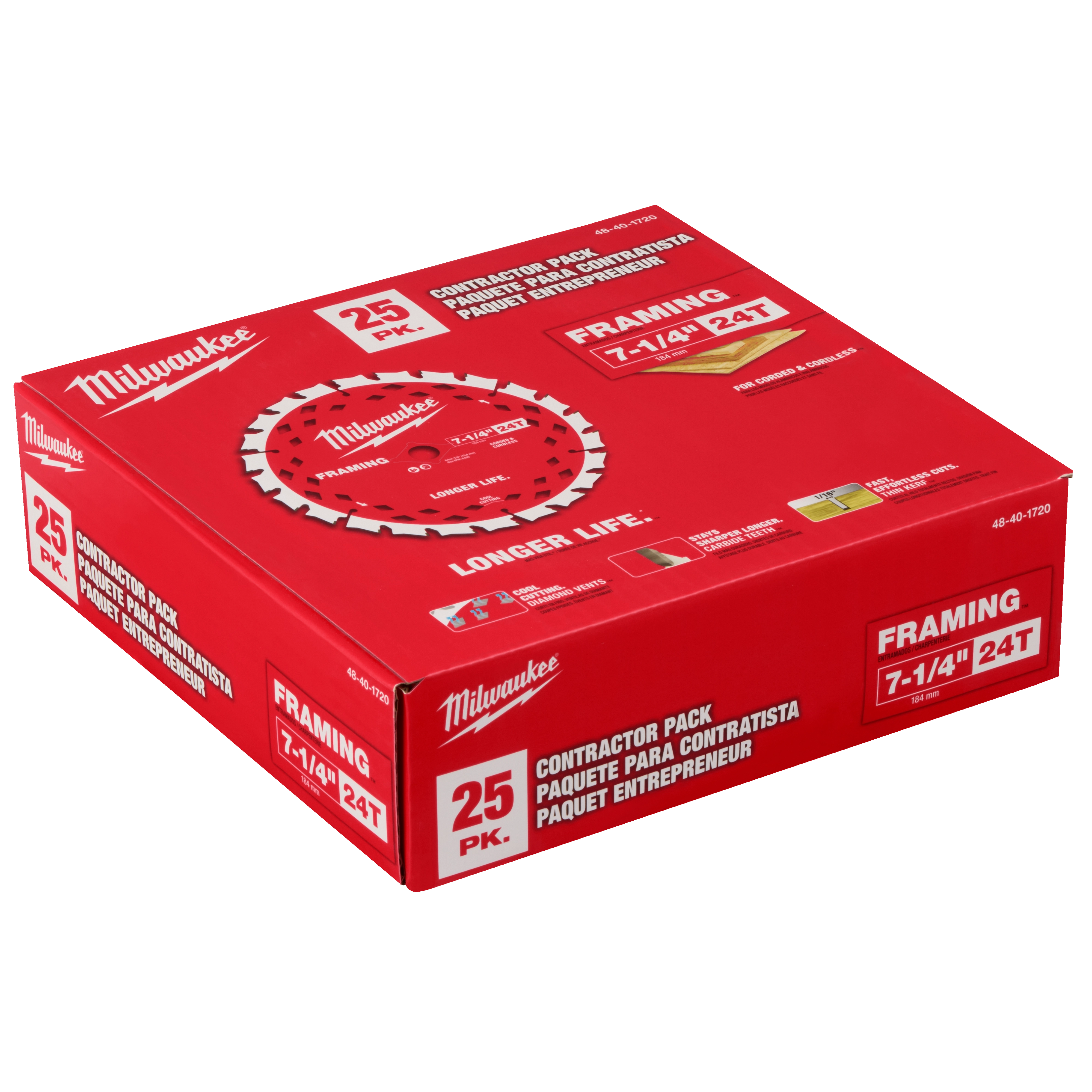 Milwaukee's 7-1/4" 24T Framing Contractor Pack (25PK) in a red box, featuring blade imagery and product details on the packaging.