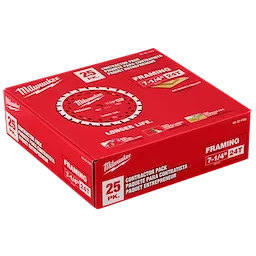 Milwaukee's 7-1/4" 24T Framing Contractor Pack (25PK) in a red box, featuring blade imagery and product details on the packaging.
