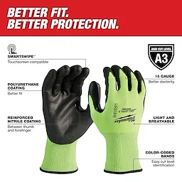 High Visibility Level 3 Cut Resistant Polyurethane Dipped Work Gloves, green with black coating, touchscreen compatible, reinforced and breathable.