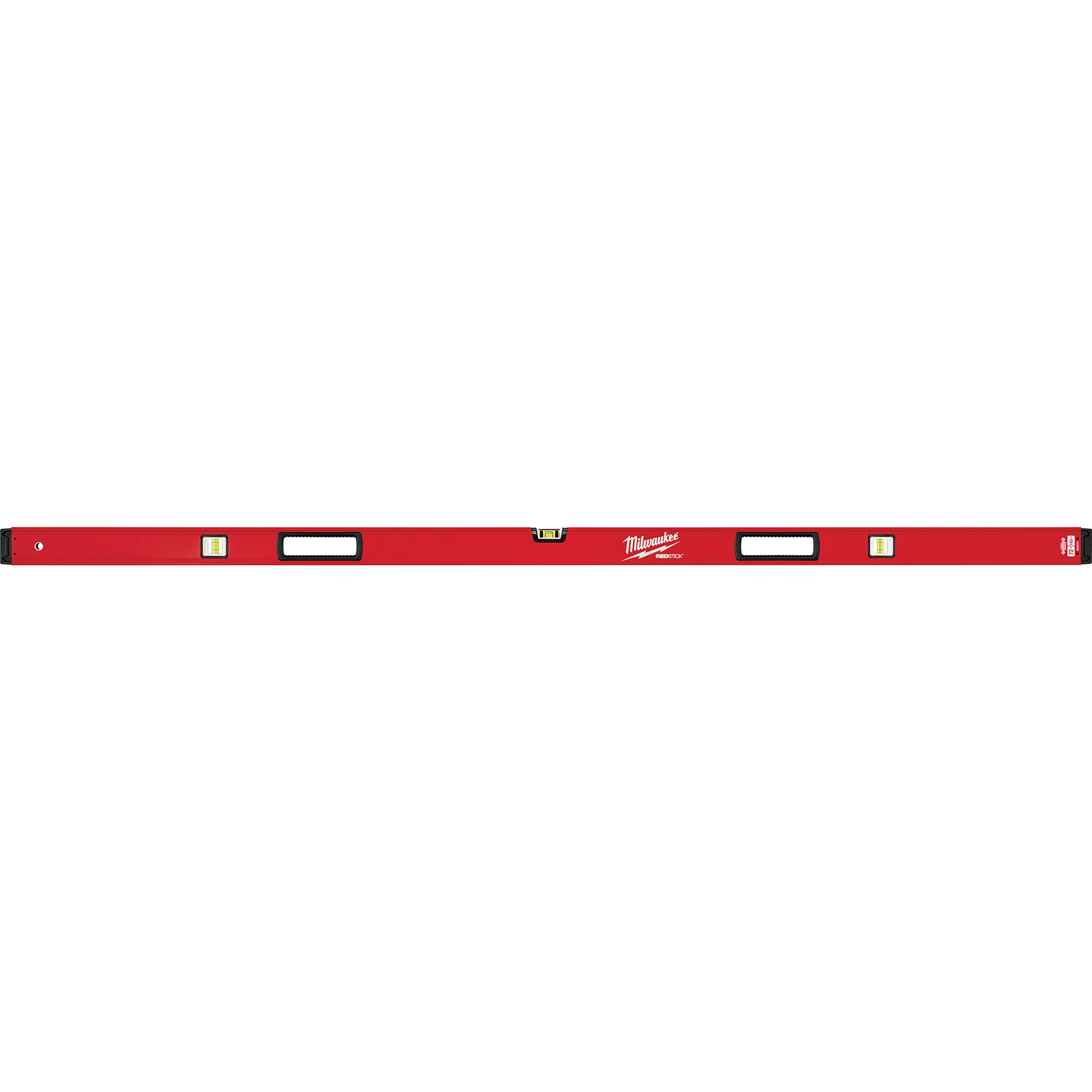 The REDSTICK Level is a red carpenter's level with four vials for measuring accuracy. The product name is displayed in white lettering.