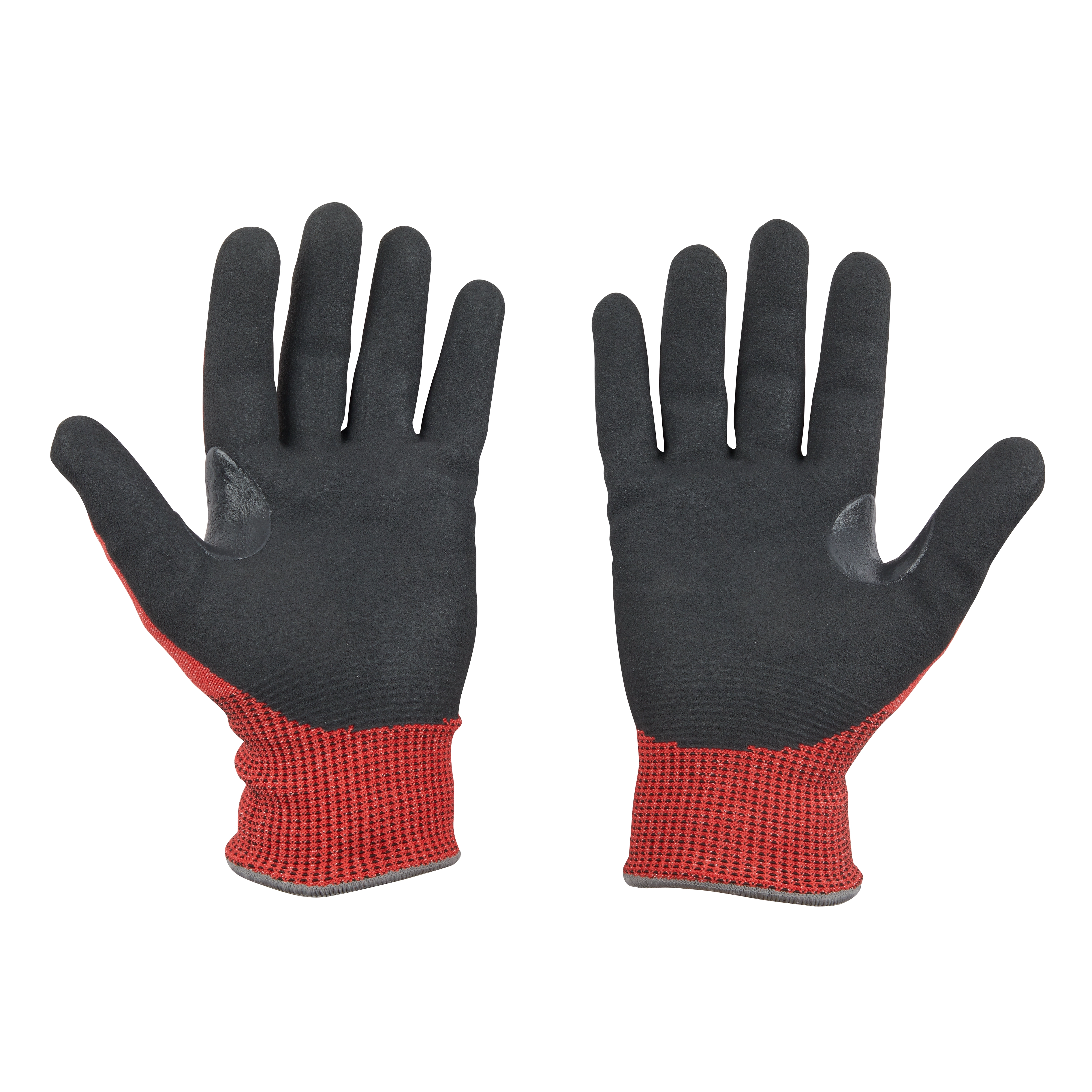 Cut Level 4 Nitrile Dipped Gloves with black palms and red, grid-patterned fabric backing.