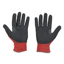 Cut Level 4 Nitrile Dipped Gloves with black palms and red, grid-patterned fabric backing.
