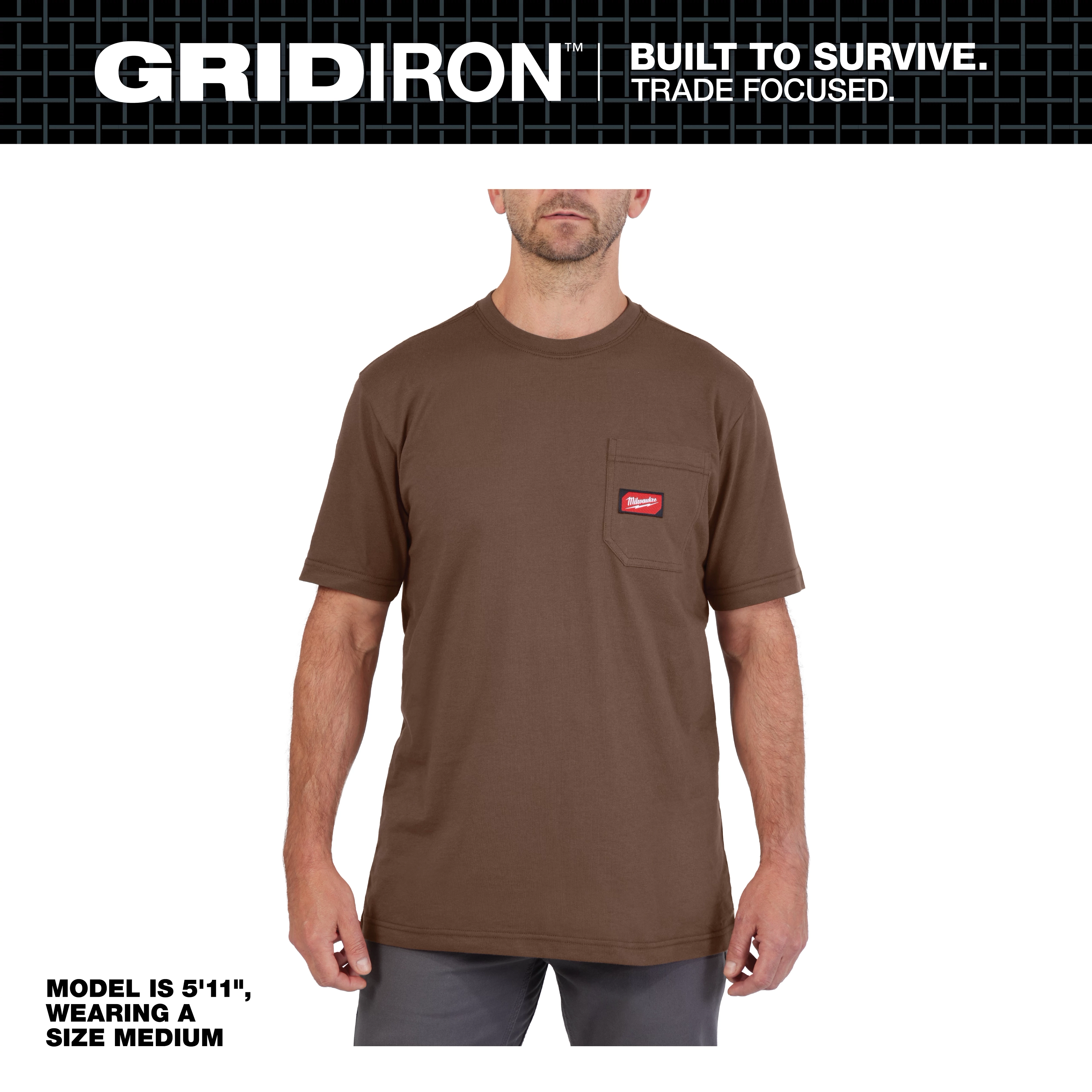 Model wearing the GRIDIRON Pocket T-Shirt - Short Sleeve in brown, featuring a front chest pocket. The model is 5'11", wearing a size medium.