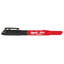 The INKZALL™ 2IN1 Deep Reach Ultra Fine Point Black Jobsite Marker features a red body with a black tip and cap. It is designed for precision marking and includes a pocket clip for easy carrying.