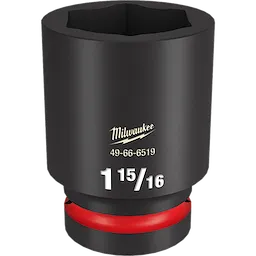 1" DR 1-15/16 Deep Impact Socket with black matte finish, engraved with "Milwaukee" and the model number 49-66-6519. The socket size, 1-15/16, is prominently displayed in white on the front.