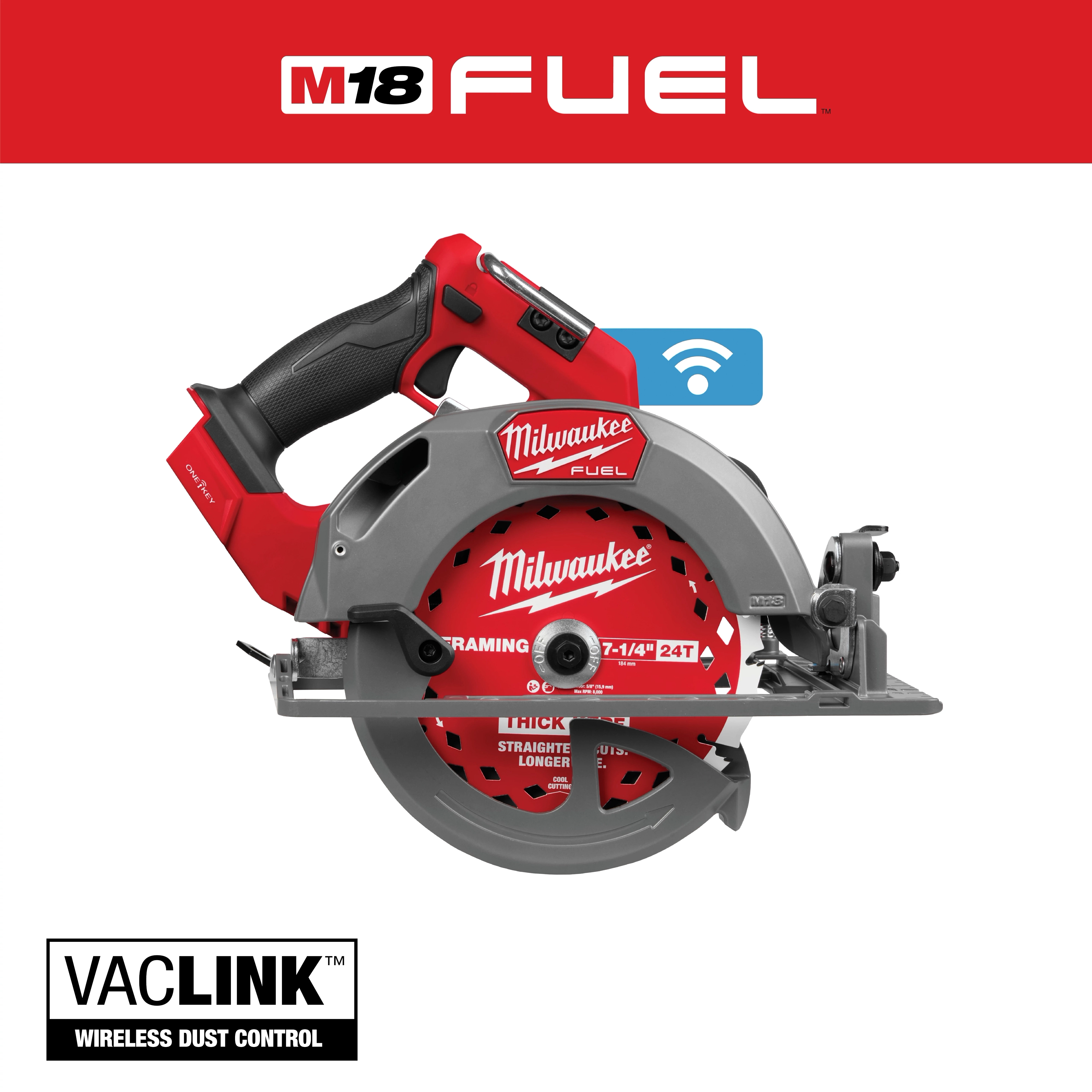 The M18 FUEL™ 7-1/4" Circular Saw w/ ONE-KEY™ features a robust red and black design. It is equipped with a 24T blade labeled for framing. The product promotes VACLINK™ wireless dust control and connectivity, symbolized by an icon. The Milwaukee logo appears prominently.