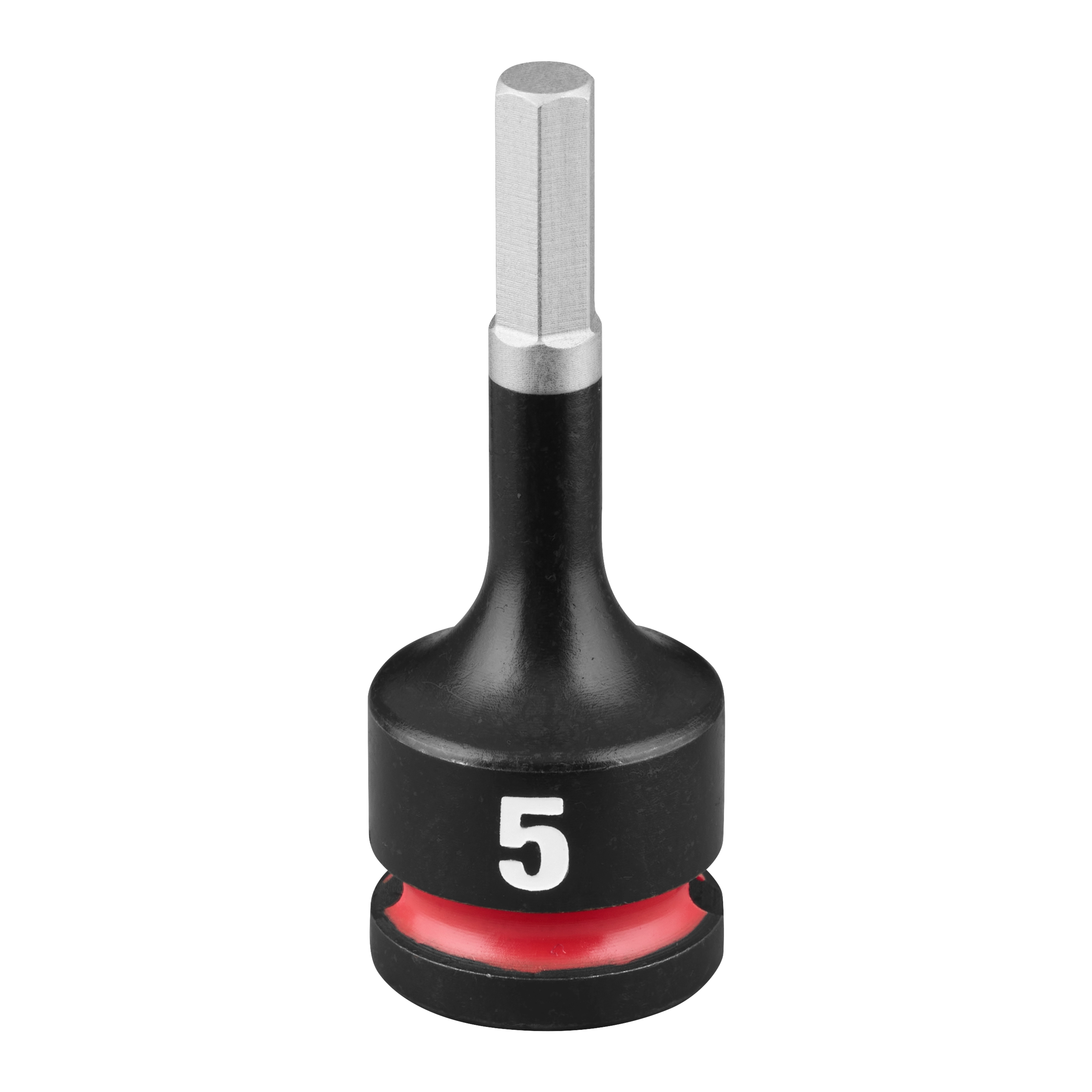 The SHOCKWAVE Impact Duty 3/8" Drive 2" Hex 5mm Bit Socket is a black socket bit with a silver hex head and a red ring near the base.