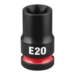 SHOCKWAVE Impact Duty 1/2" Drive E-Torx E20 Bit Socket standing upright with E20 marking and red band near base.