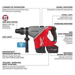 Milwaukee M18 FUEL 1-3/4" SDS MAX Rotary Hammer with ONE-KEY, featuring LED light, brushless motor, and anti-vibration system.