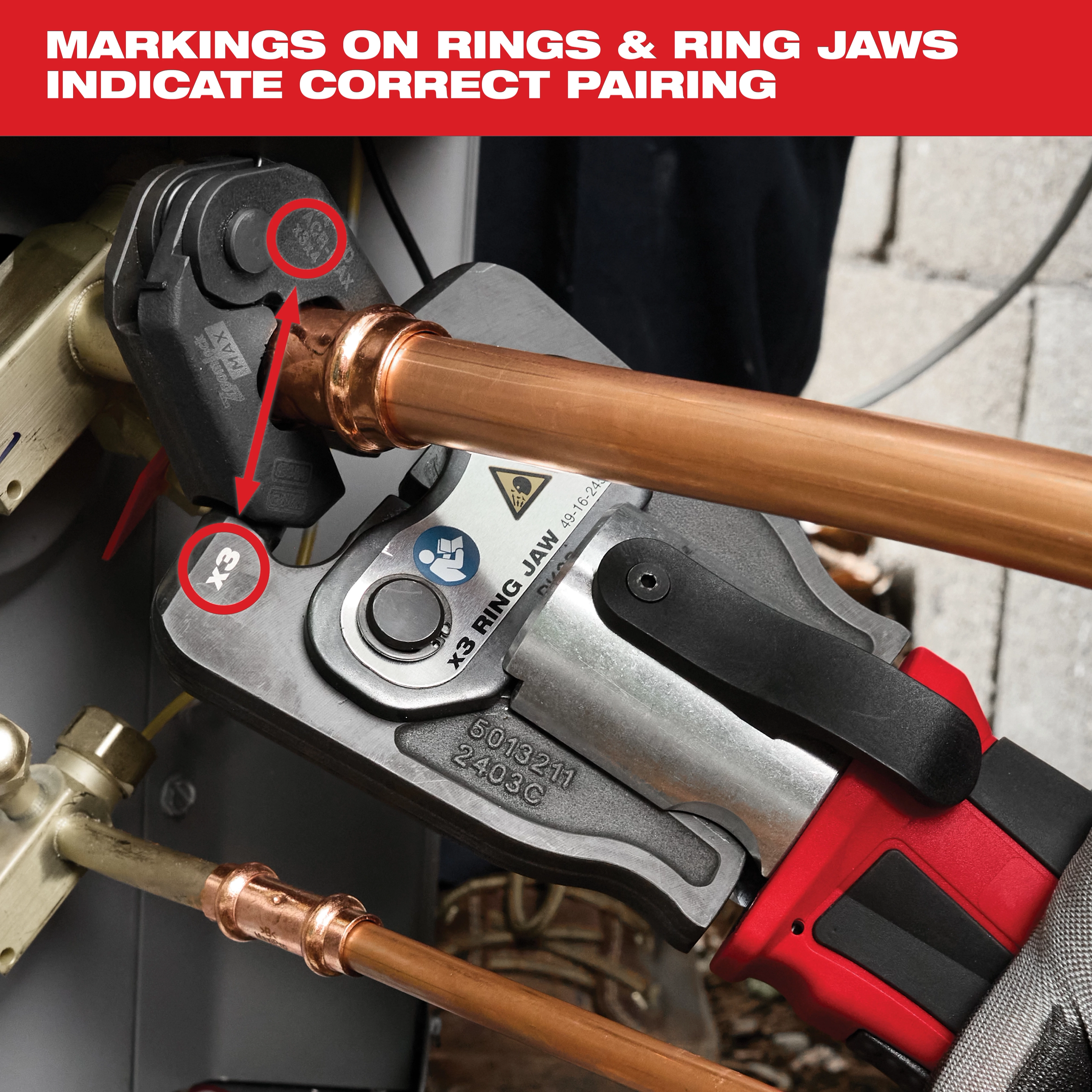 Milwaukee X3 Ring Jaw attaches to copper pipes with clear markings to indicate correct pairing. The device features a red and silver design with a focus on precise alignment.