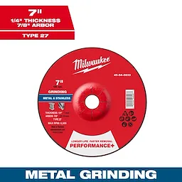 7" x 1/4" x 7/8" Performance+ Metal Grinding Wheel - Type 27 for grinding metal and stainless steel, red disc with specifications.