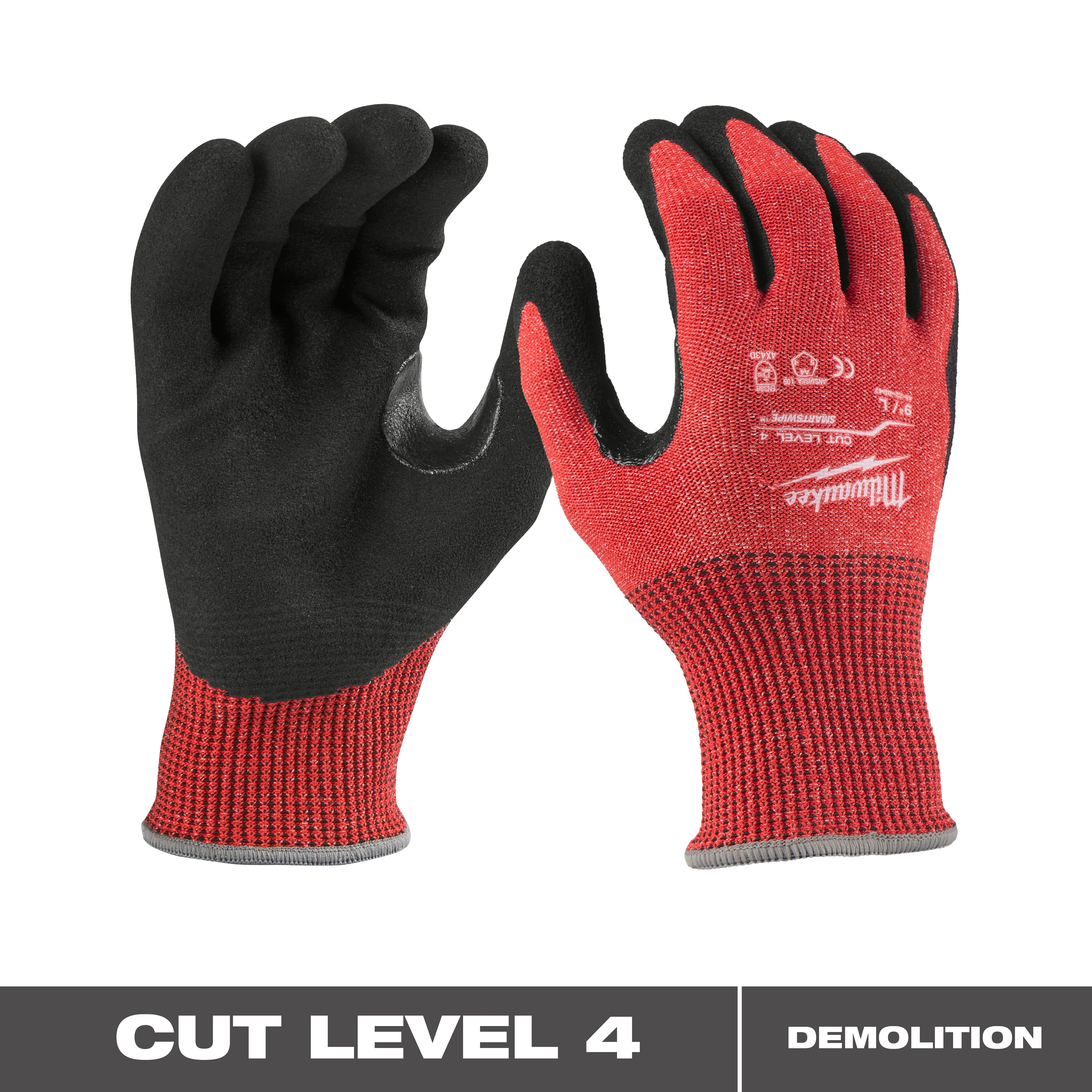 Cut Level 4 Nitrile Dipped Gloves with black palms and red knit backs displayed against a white background.