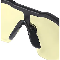 Close-up of Safety Glasses - Yellow Anti-Scratch Lenses, featuring a black nose bridge and yellow-tinted lenses with a protective frame.