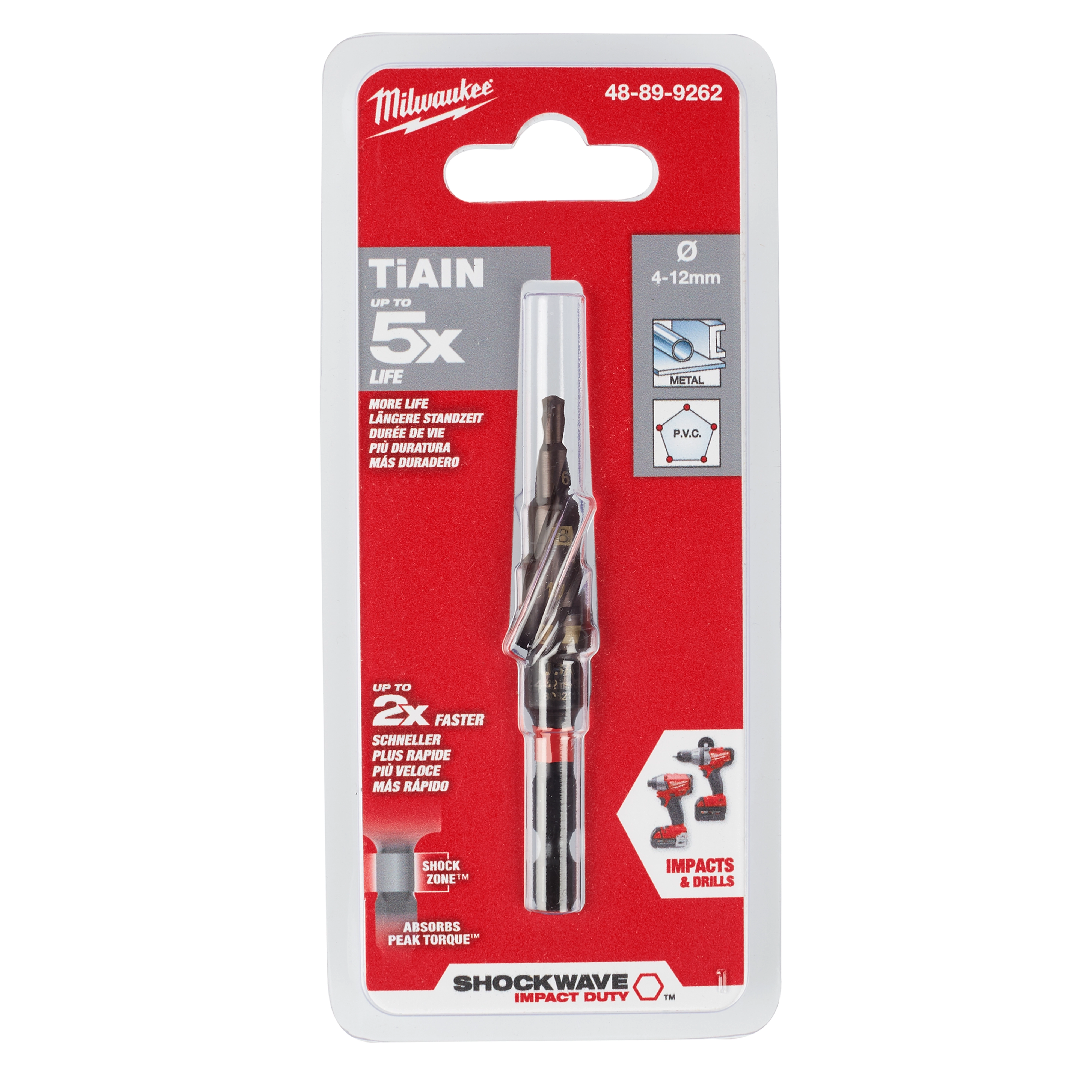 SHOCKWAVE Impact Duty Metric Step Bit 4-12mm, 5 Hole in its packaging. Pack highlights durability, speed, and compatibility with impacts and drills.