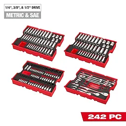 The 242pc. 1/4”, 3/8”, & 1/2” Drive Metric & SAE Ratchet & Socket Set with Trays for PACKOUT™ Drawers is shown partially, featuring organized red trays containing various sizes of sockets and ratchets suitable for metric and SAE measurements.