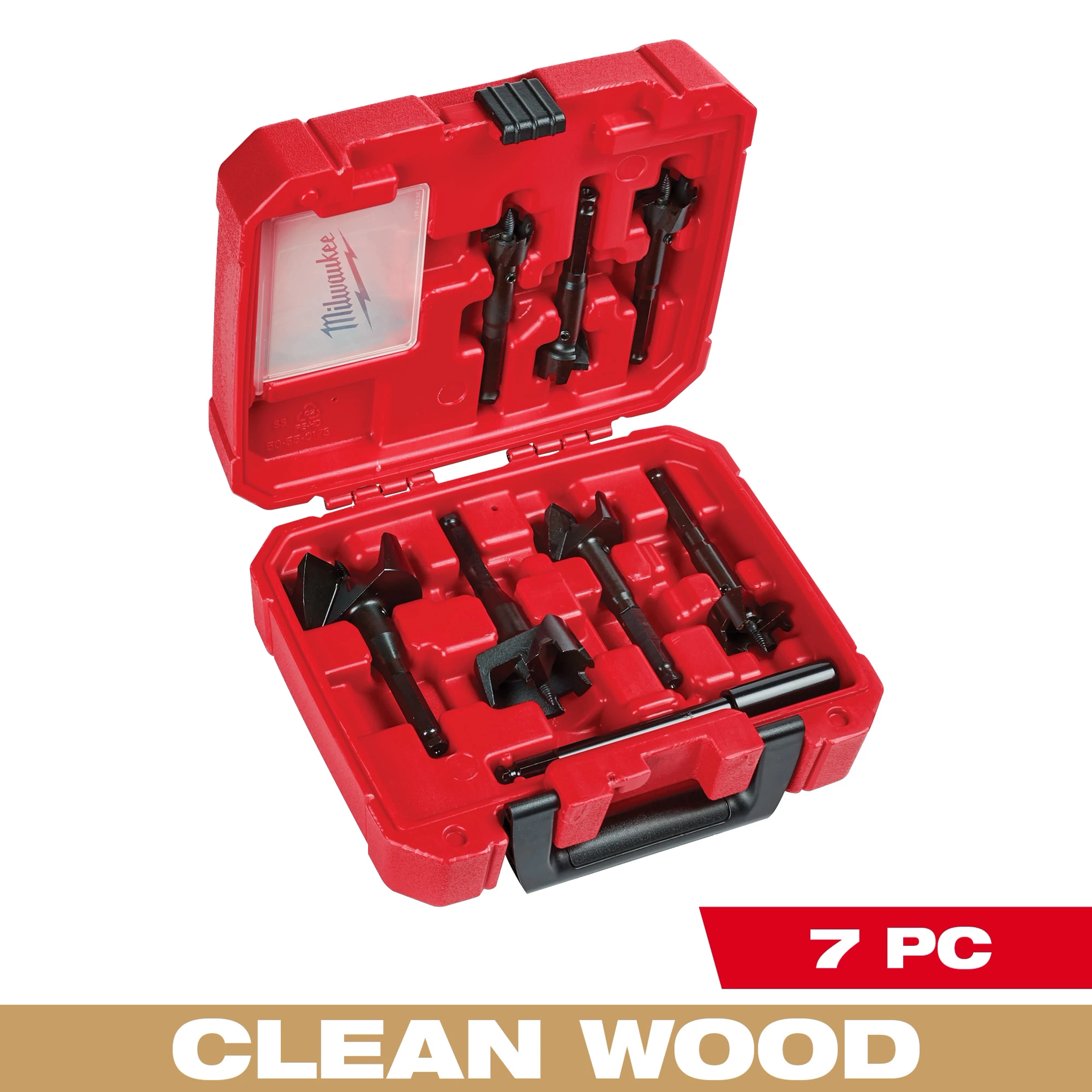 Contractor's Selfeed Bit Kit (7 PC) in a red plastic carrying case, showcasing various drill bits and a black handle.