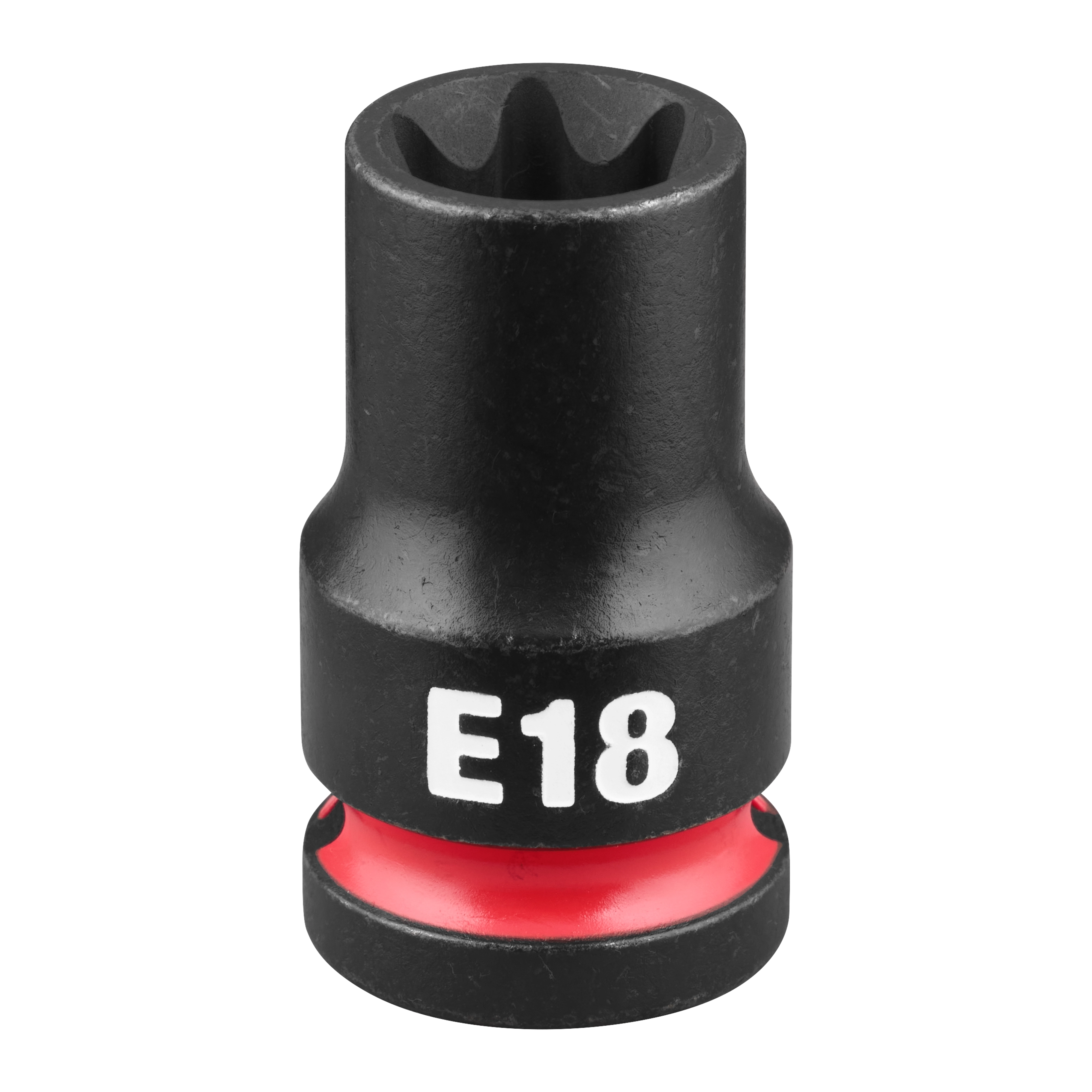 SHOCKWAVE Impact Duty 1/2" Drive E-Torx E18 Bit Socket standing upright with E18 marking and red band near base.