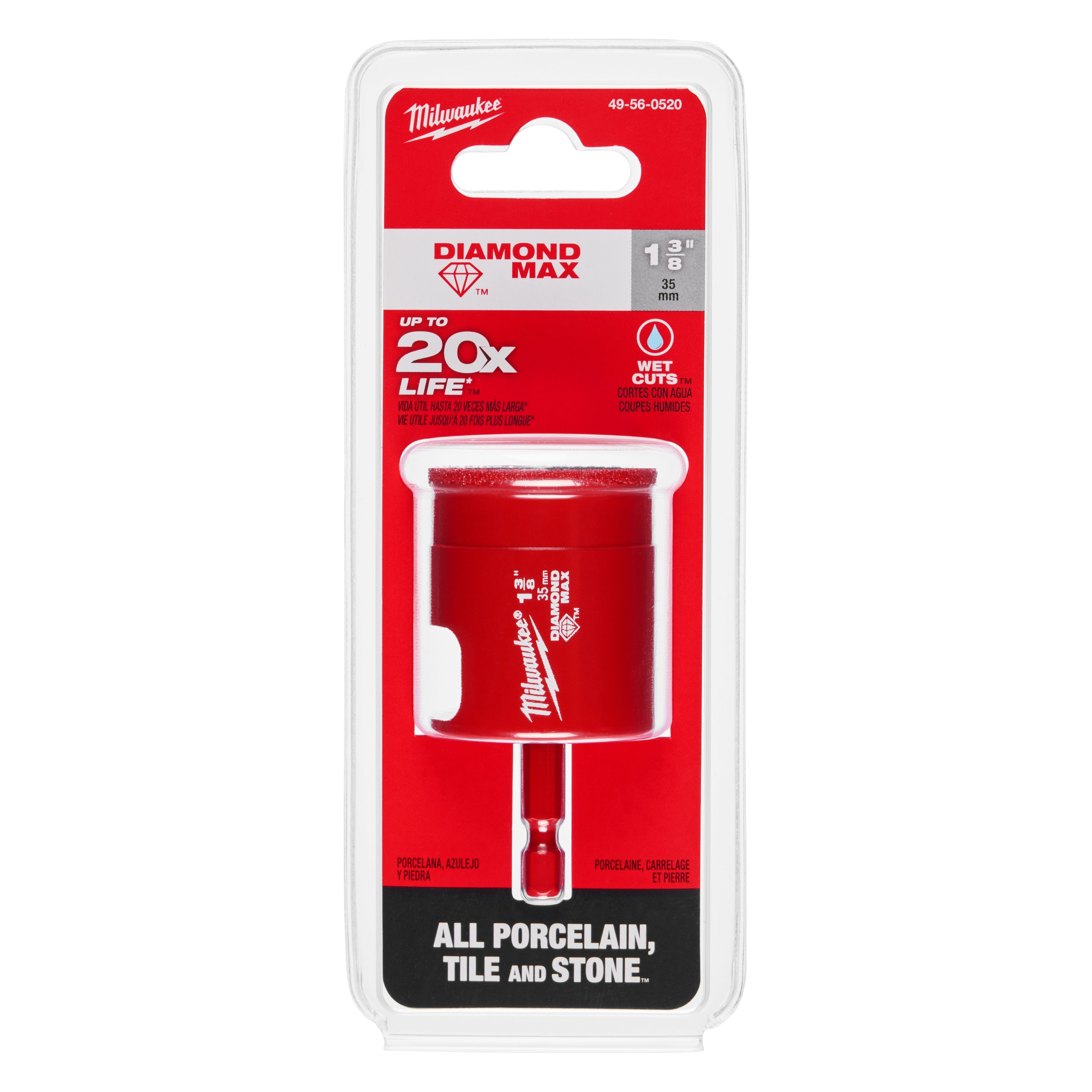 1-3/8" Diamond Max Hole Saw Bit packaged in a red and white box, designed for cutting through all porcelain, tile, and stone.
