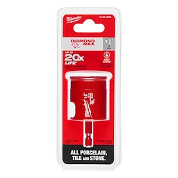 1-3/8" Diamond Max Hole Saw Bit packaged in a red and white box, designed for cutting through all porcelain, tile, and stone.