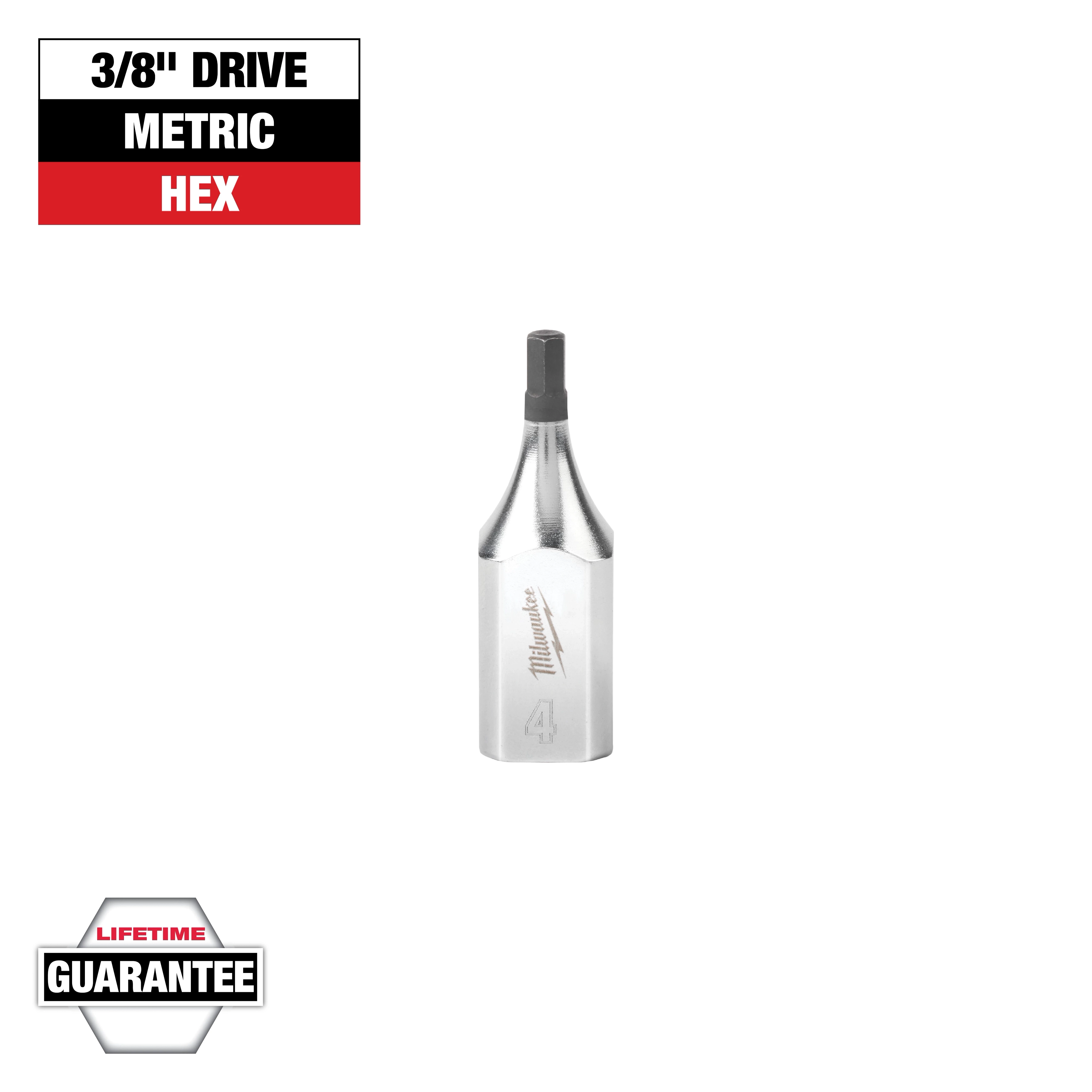 This image shows a Milwaukee 3/8" drive metric hex bit, marked with a "4" and featuring a lifetime guarantee label. The bit has a silver body with a black hex end.