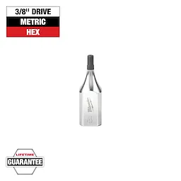This image shows a Milwaukee 3/8" drive metric hex bit, marked with a "4" and featuring a lifetime guarantee label. The bit has a silver body with a black hex end.