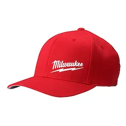 Red Milwaukee fitted hat featuring white embroidered logo in a zigzag design on the front, curved brim, and stitched eyelets.