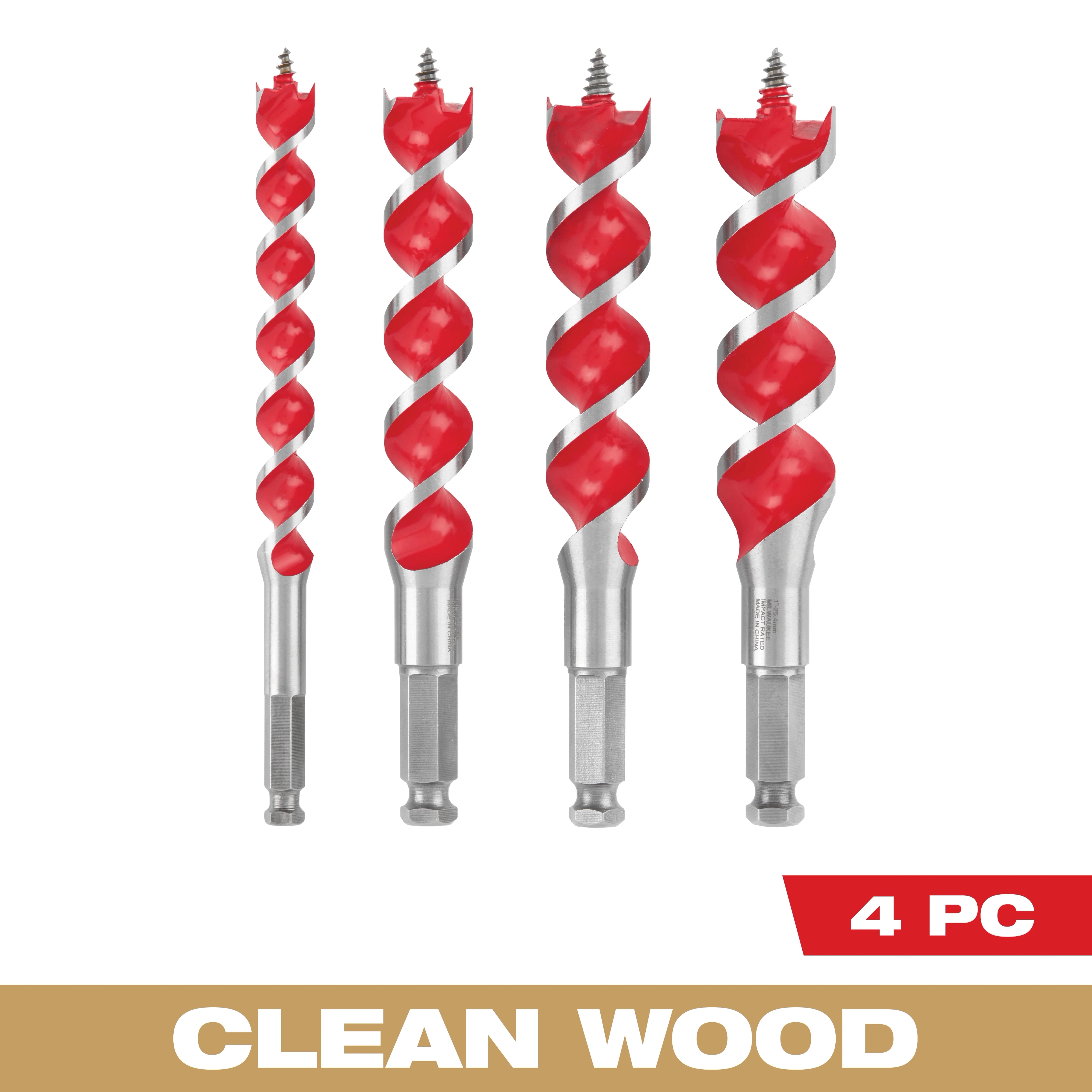 Spur Auger Wood Drilling Bit Set (4-Piece) consists of four spiral bits with red beveled edges. The set is designed for clean wood drilling and is labeled "4 PC" in the bottom-right corner. The words "clean wood" are printed at the bottom in a beige banner.