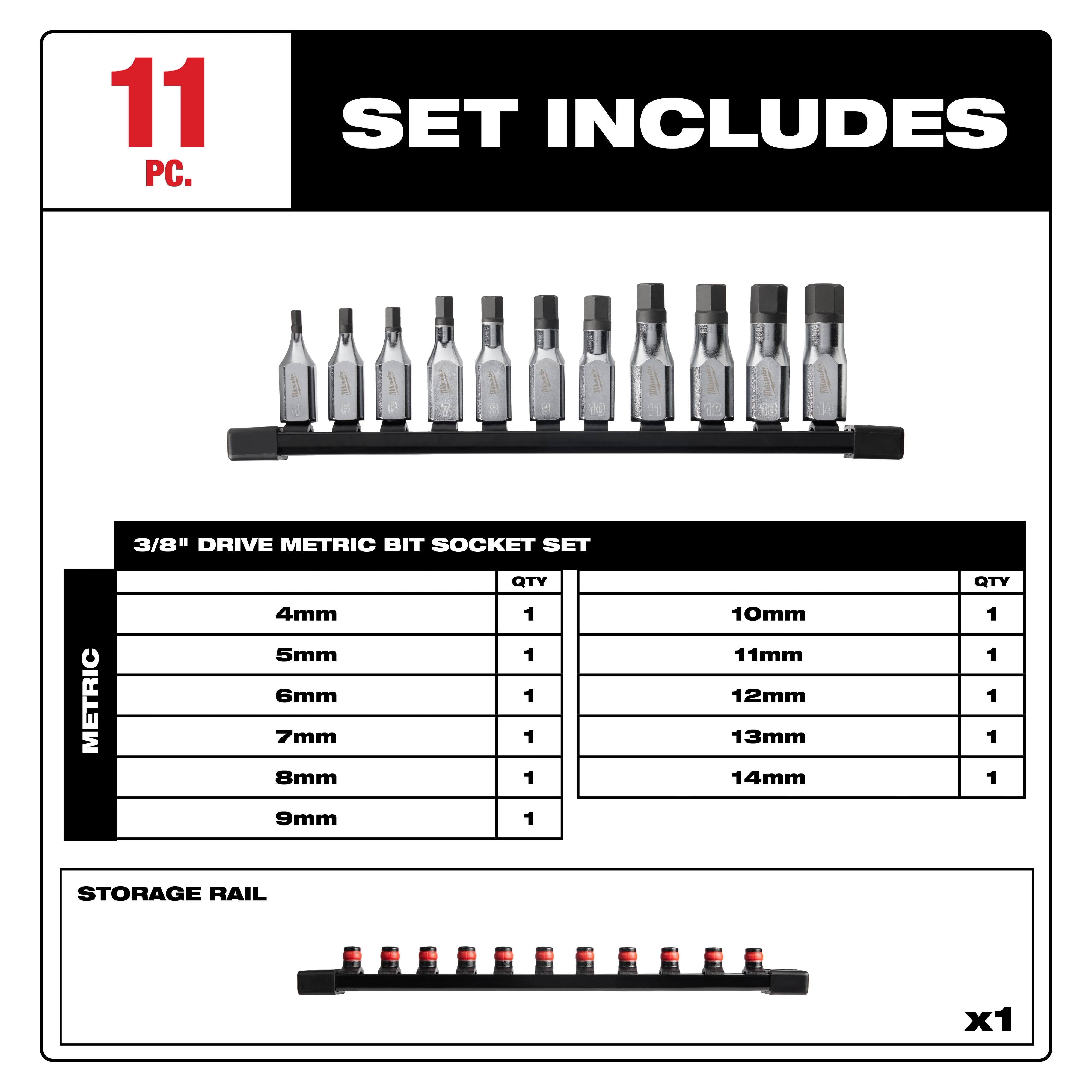 11pc 3/8” Drive Hex Bit Socket Set - Metric