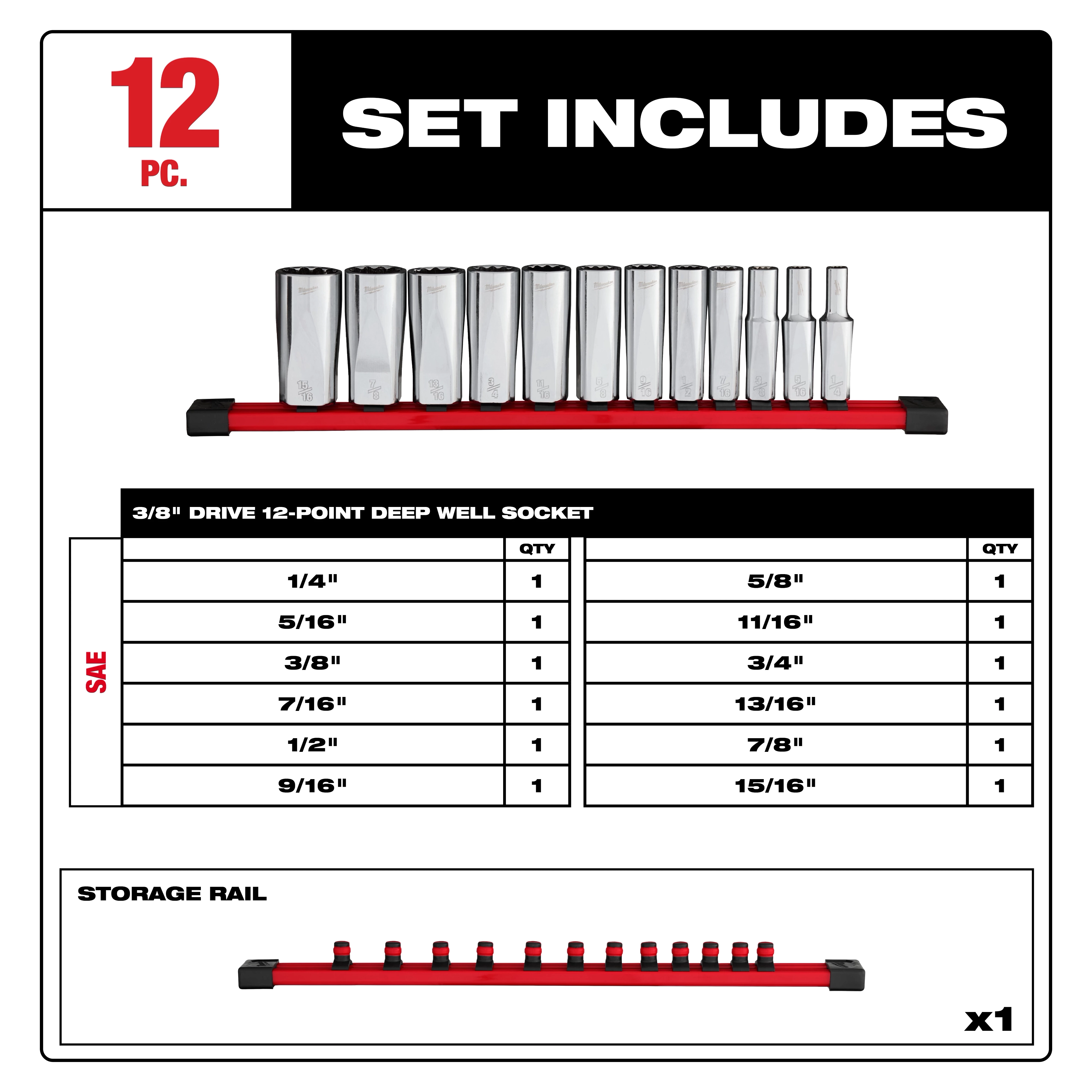 This image shows a 12-piece 3/8” Drive 12-Point Deep Well SAE Socket Set. It includes socket sizes: 1/4” to 15/16”, organized on a red storage rail. The set includes one socket per size and details on included components.