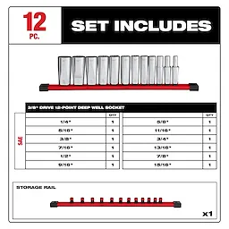 This image shows a 12-piece 3/8” Drive 12-Point Deep Well SAE Socket Set. It includes socket sizes: 1/4” to 15/16”, organized on a red storage rail. The set includes one socket per size and details on included components.