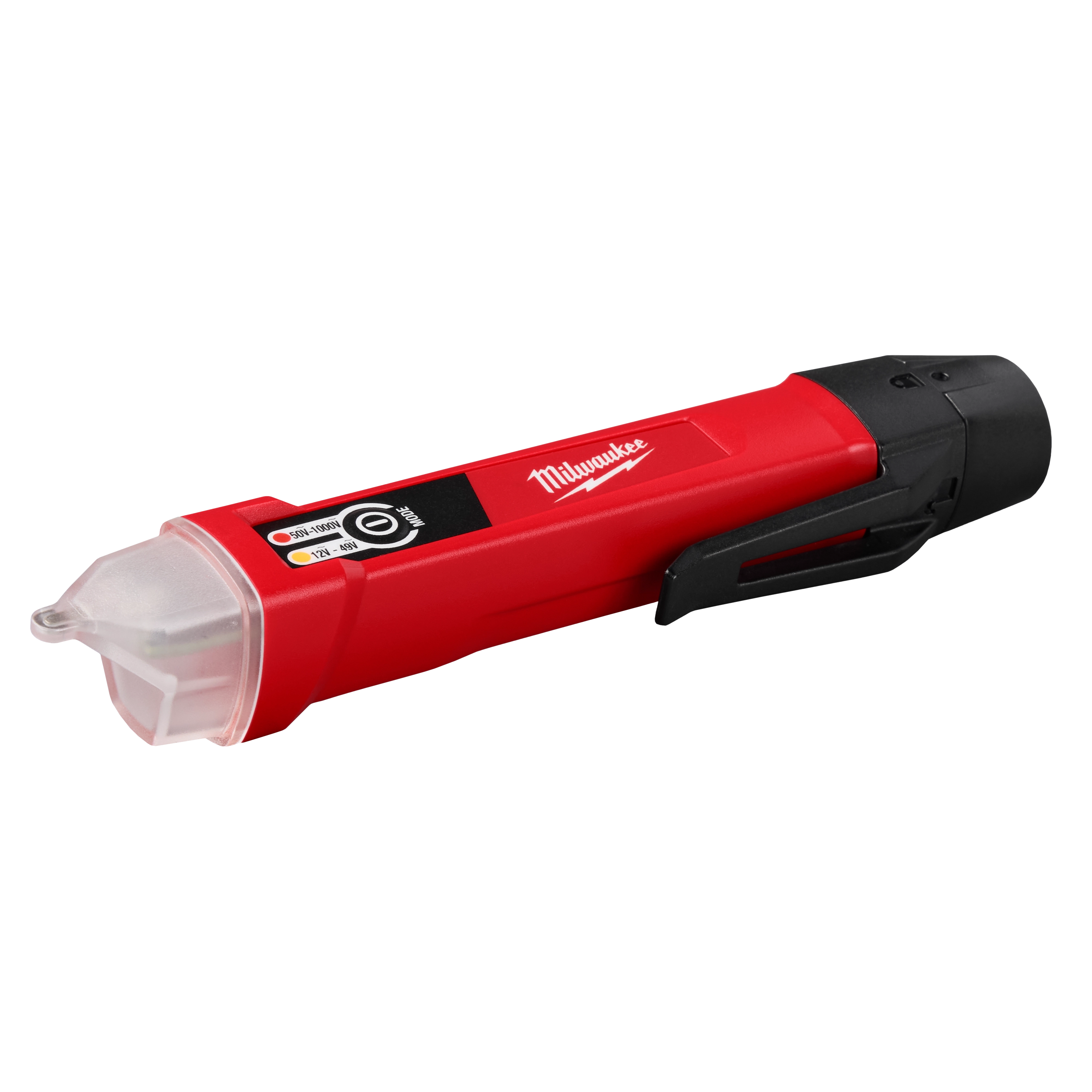 Dual Range Voltage Detector is a red electronic device with a black clip, designed to measure voltage. The brand name is written in white letters on the side. The tip of the device is transparent, indicating its functionality. It features high and low voltage indicators on the front.