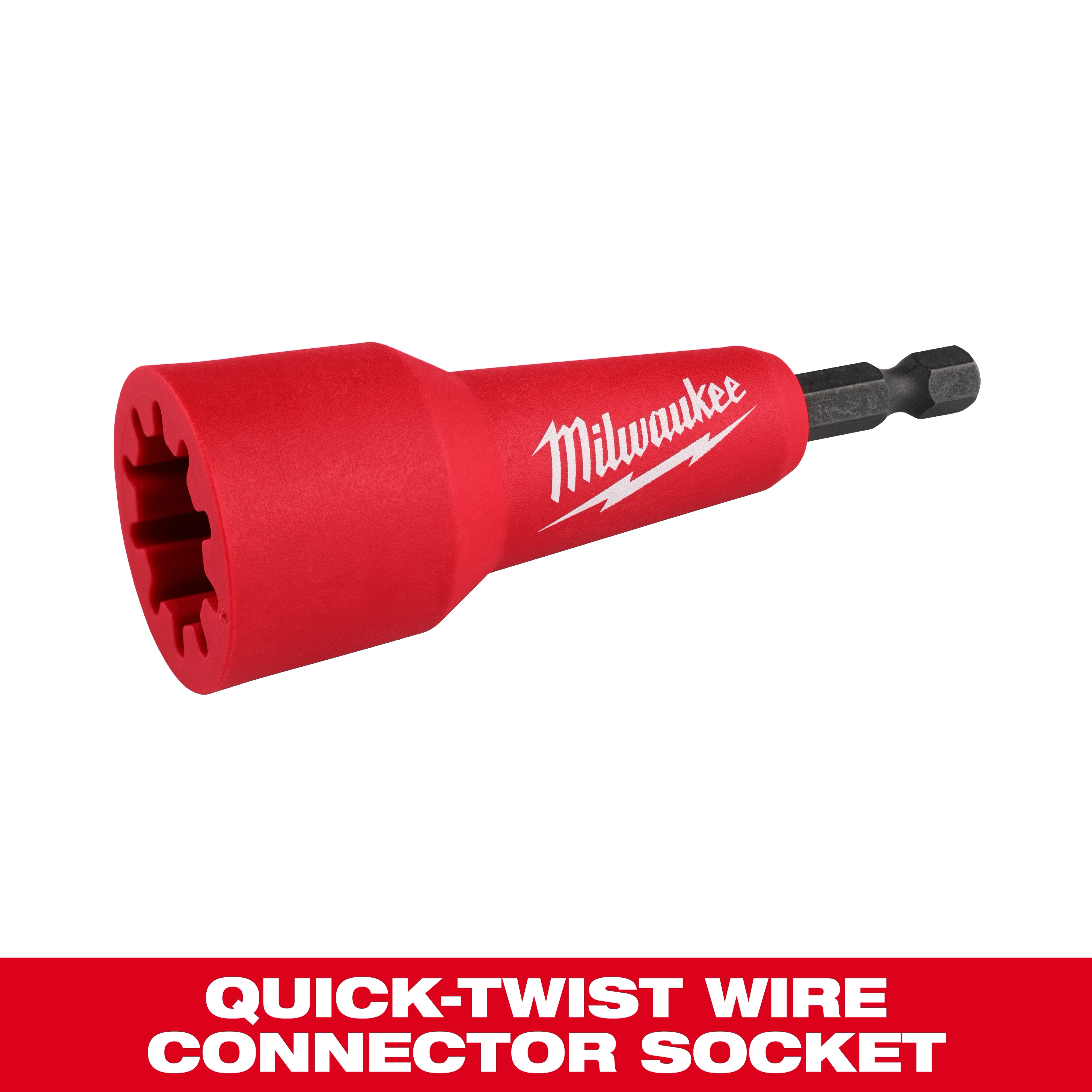The Wire Nut Twister by Milwaukee is a red tool designed for securely fastening wire nuts. Its compact, conical shape features a hexagonal fitting at one end for drill attachment. Below the product, text reads "Wire Nut Twister" on a red background.