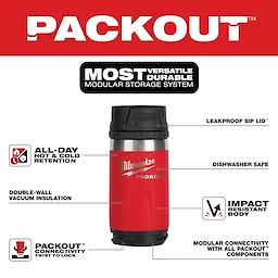 The PACKOUT 12oz Insulated Bottle with Sip Lid features a leakproof lid, double-wall insulation, impact-resistant body, and is dishwasher safe.
