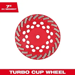Image of a 7" DIAMOND MAX™ Turbo Diamond Cup Wheel - 24 Segment. The wheel is red with multiple white segments and circular holes. The text "7" 24 SEGMENT" is in the upper left corner. The bottom features "TURBO CUP WHEEL" in white text on a red background.