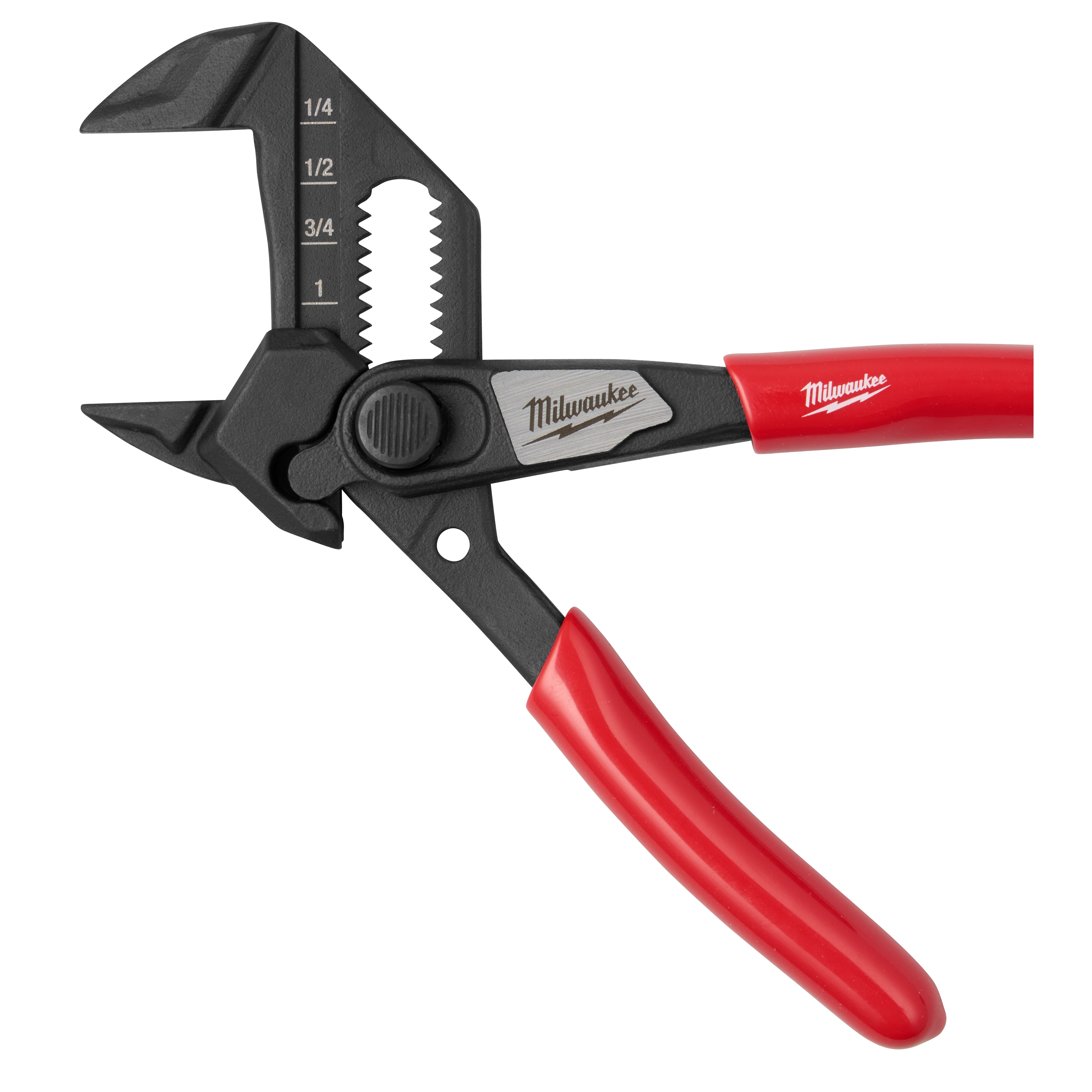 The 5" Pliers Wrench features black adjustable jaws with measurement markings, and is branded with the Milwaukee logo. Suitable for gripping and turning tasks, its compact size enhances portability and precision.