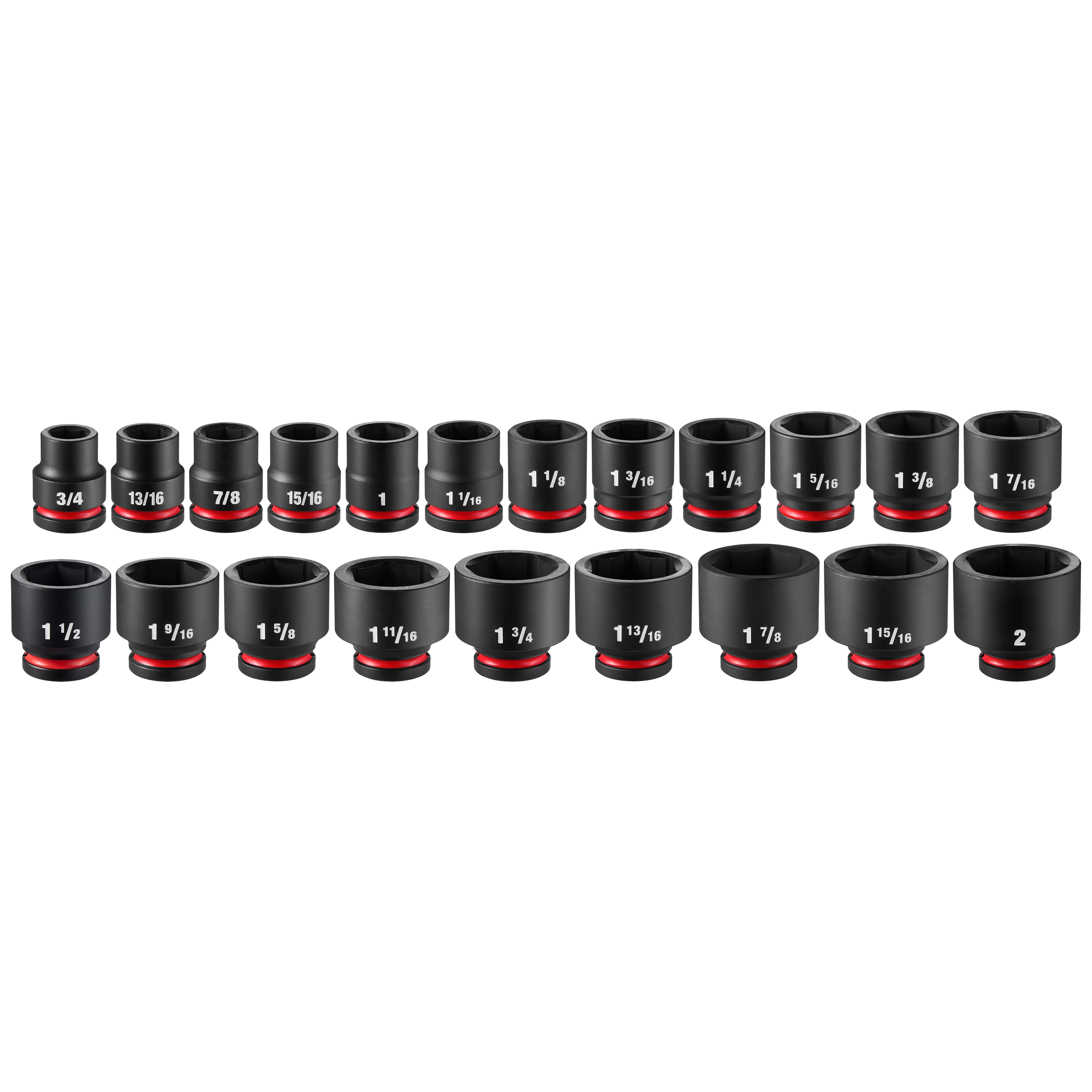 21PC SHOCKWAVE Impact Duty 3/4" Drive SAE Standard Socket Set includes various sockets, displayed in two rows, marked with sizes.