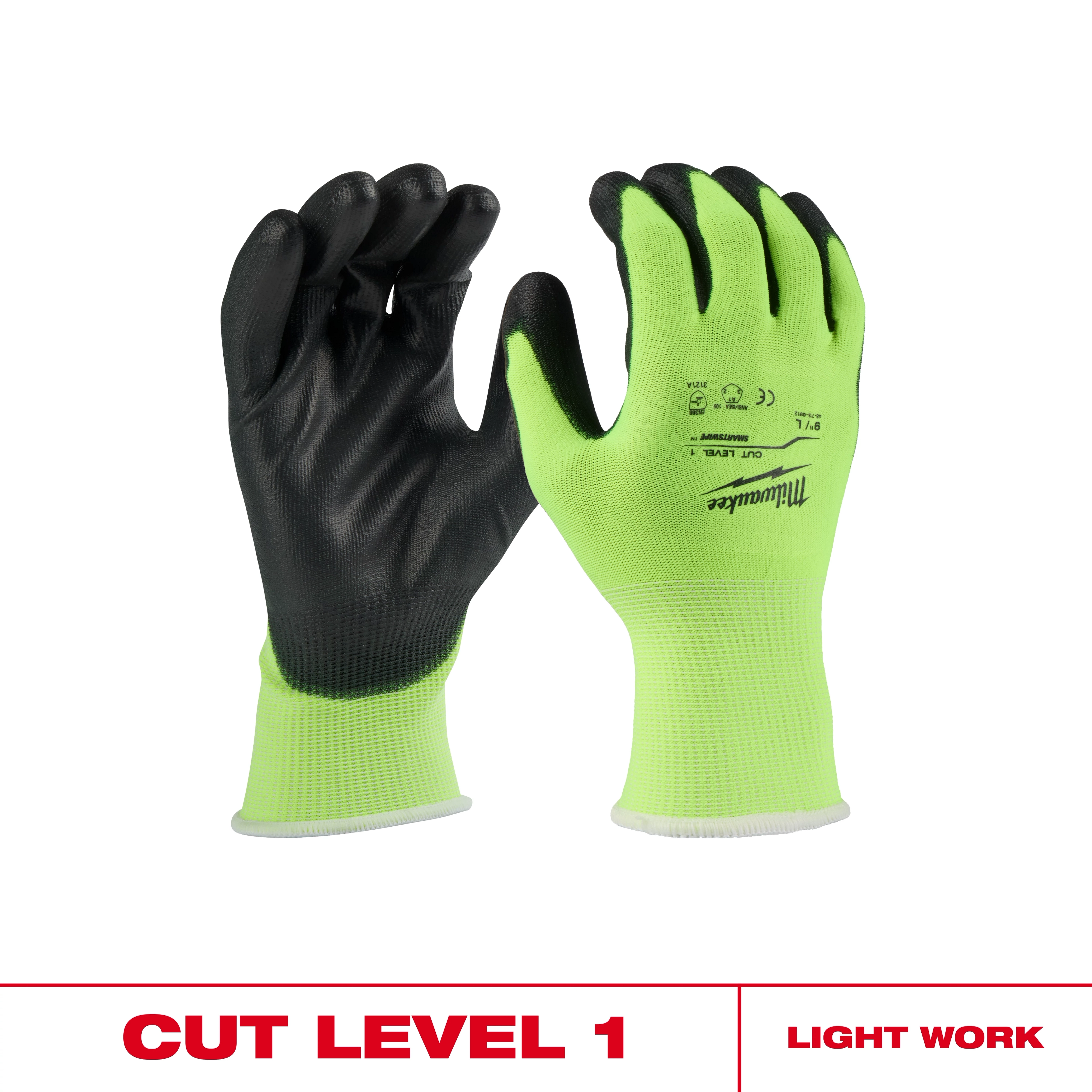 High Visibility Cut Level 1 Polyurethane Dipped Gloves with black palms and text labels on a plain background.