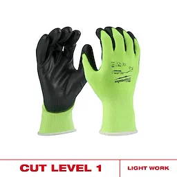 High Visibility Cut Level 1 Polyurethane Dipped Gloves with black palms and text labels on a plain background.
