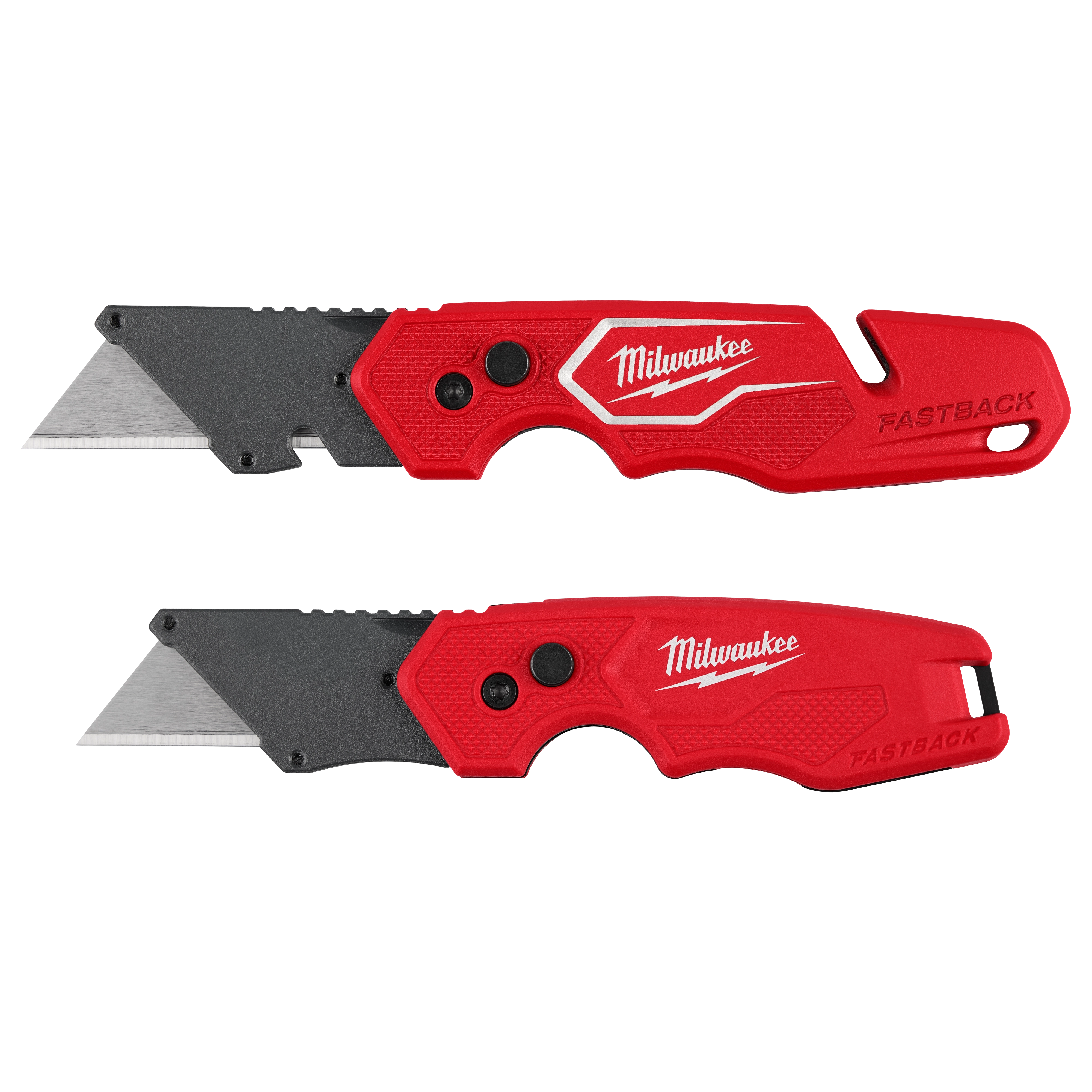 FASTBACK 2pc Folding Utility Knife Set with two red folding utility knives and exposed blades on a plain background