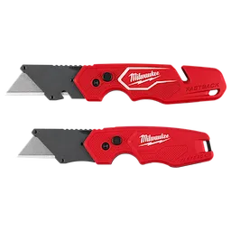 FASTBACK 2pc Folding Utility Knife Set with two red folding utility knives and exposed blades on a plain background