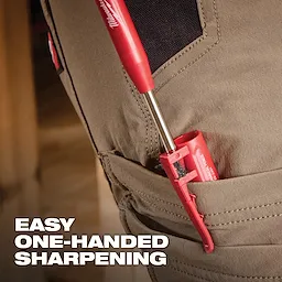 Mechanical Pencil with Lead Pack, red, clipped to a brown pocket, with text "Easy One-Handed Sharpening" in white at the bottom.