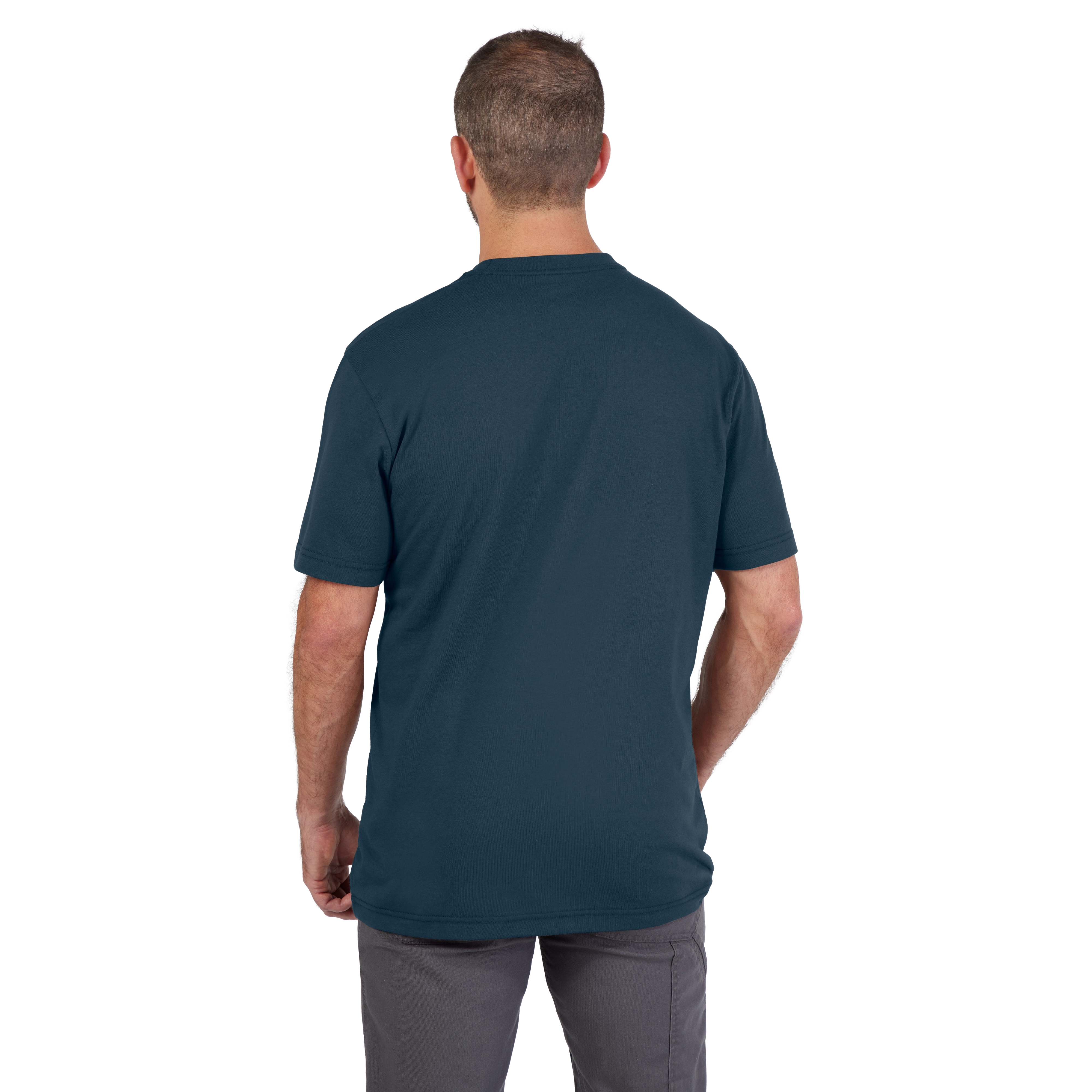 Man wearing a Heavy-Duty Pocket T-Shirt - Blue. The t-shirt is short-sleeved and dark blue. The man is facing away, showing the back.