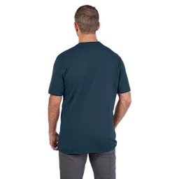 Man wearing a Heavy-Duty Pocket T-Shirt - Blue. The t-shirt is short-sleeved and dark blue. The man is facing away, showing the back.