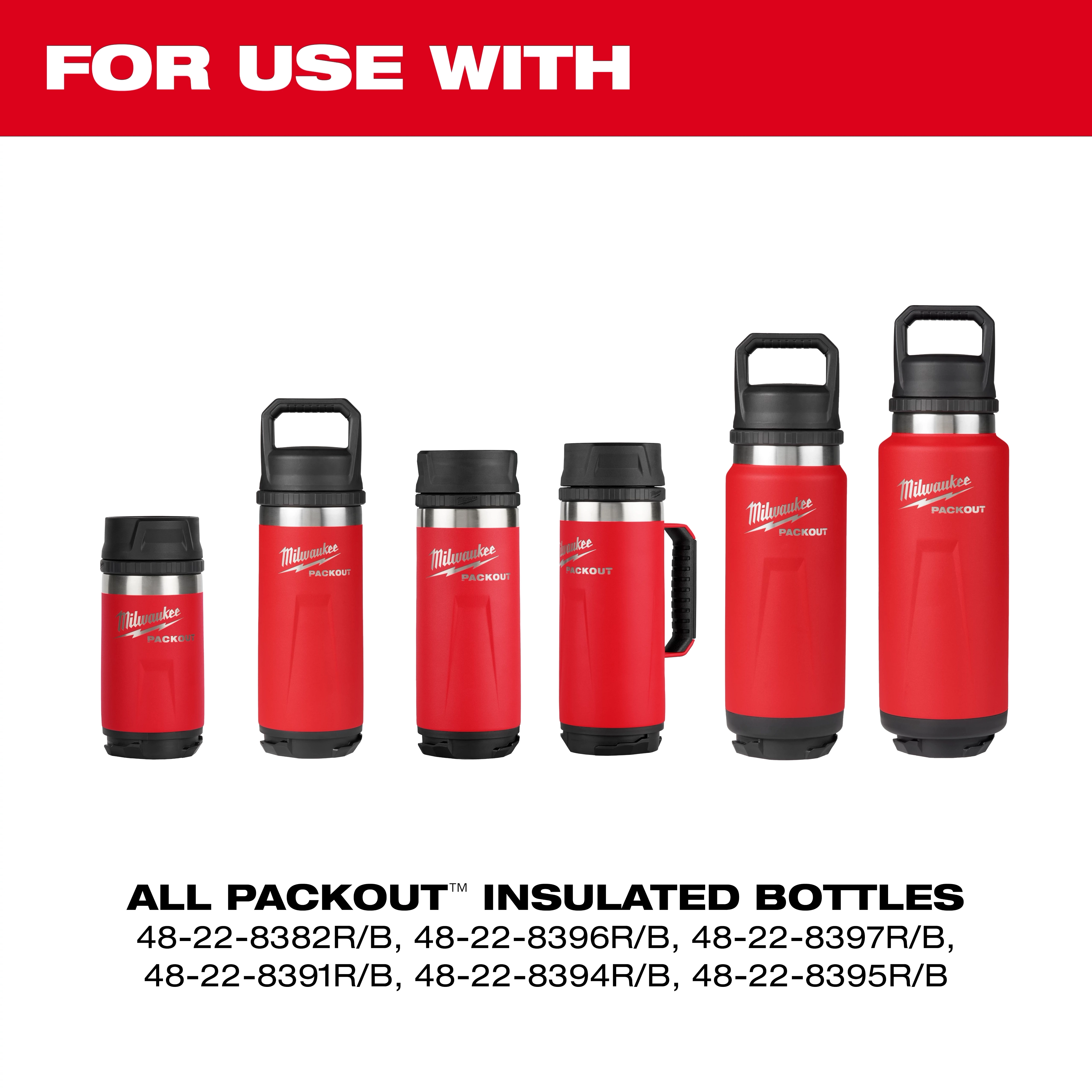 PACKOUT Sip Lid For Insulated Bottles is compatible with six different sizes of red insulated bottles with black lids.